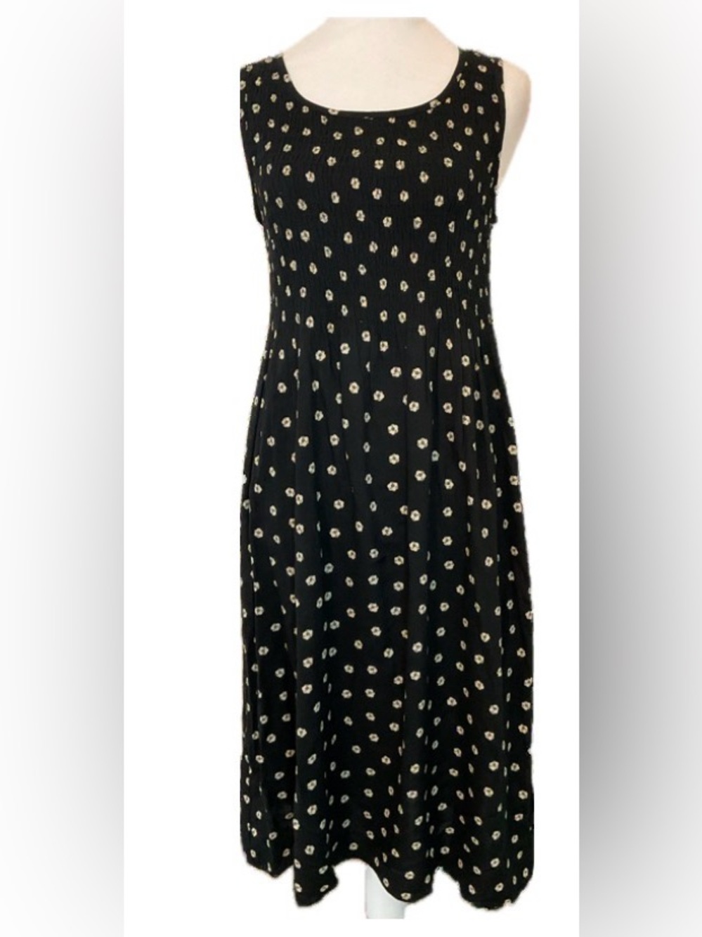 Croft & Barrow Black Smocked Midi Dress with Cream Dot Print